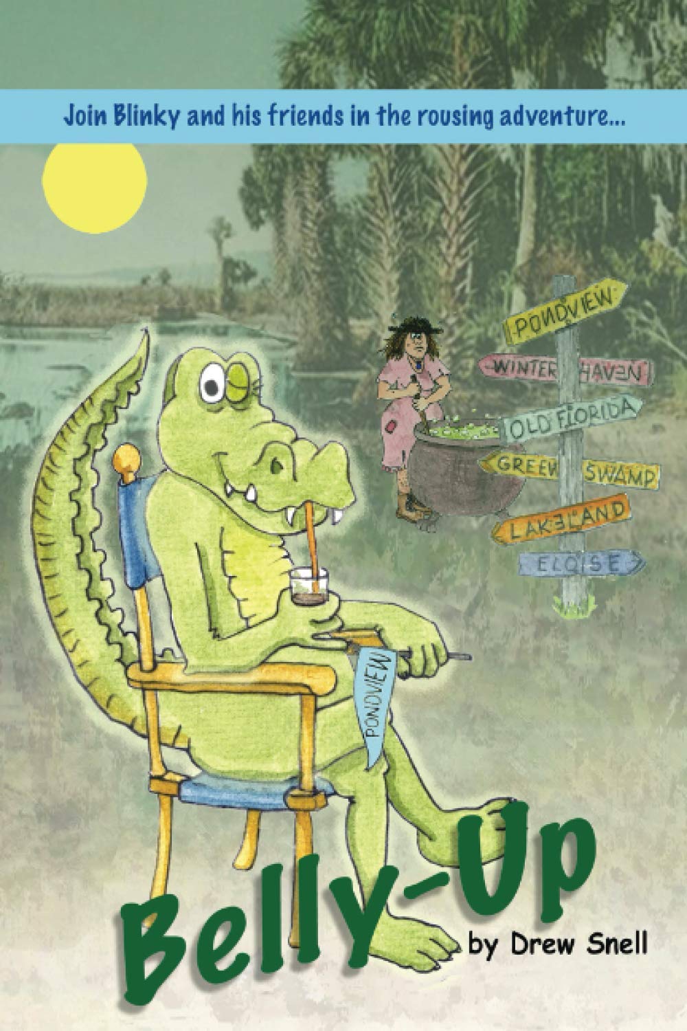 Book Cover - Belly-Up; alligator sitting in chair