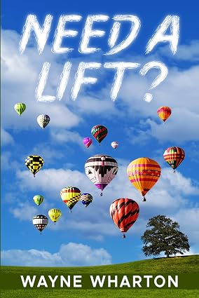 numerous hot air balloons in a blue sky over green field with book title 