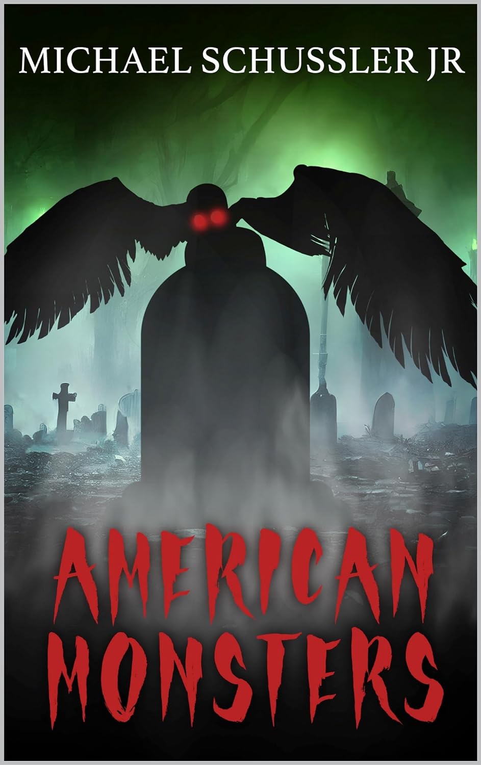 Book cover - American Monsters; cemetery with winged creature