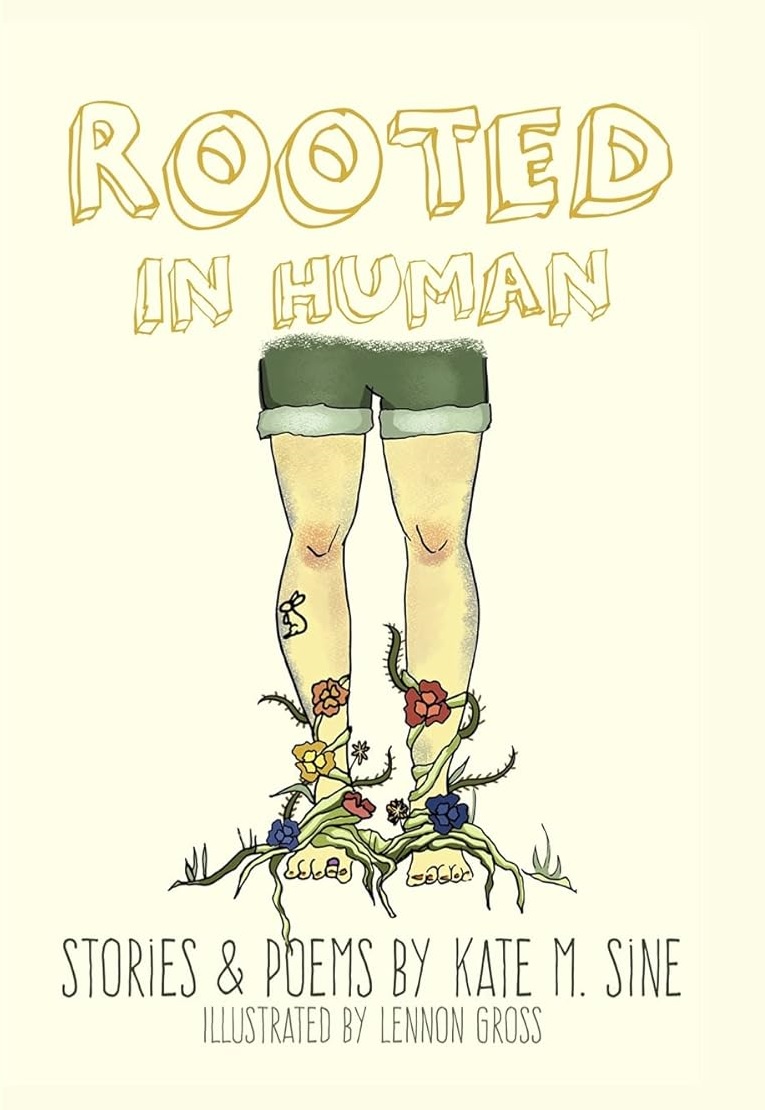 Book Cover - Rooted in Human; person from waist down standing, flowering vine growing up legs